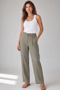 DKNY NWT Sz L Green Belted Pants Straight Leg Casual High Waisted